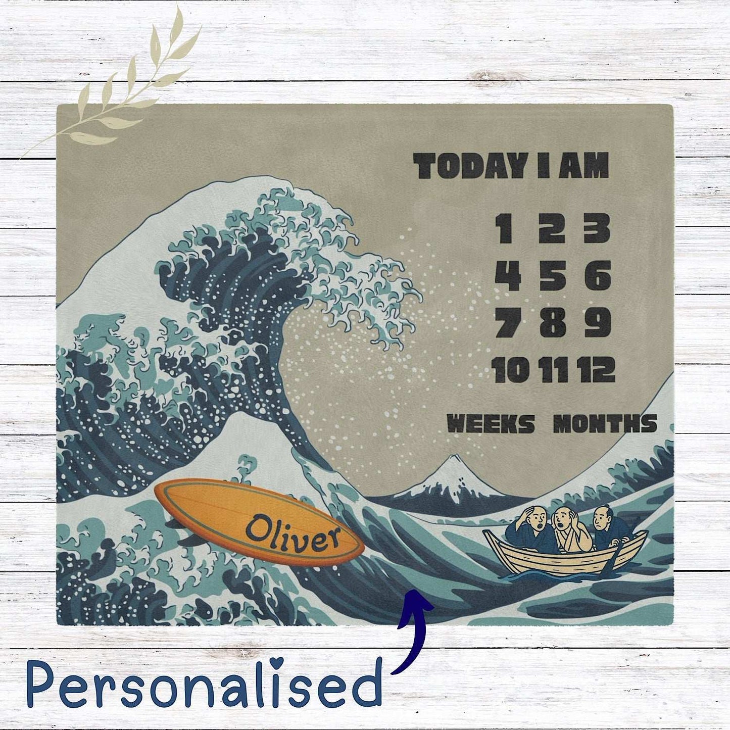 Personalised Baby Milestone Blanket - Great Wave Surfboard Theme (With Name) by IROHA studio