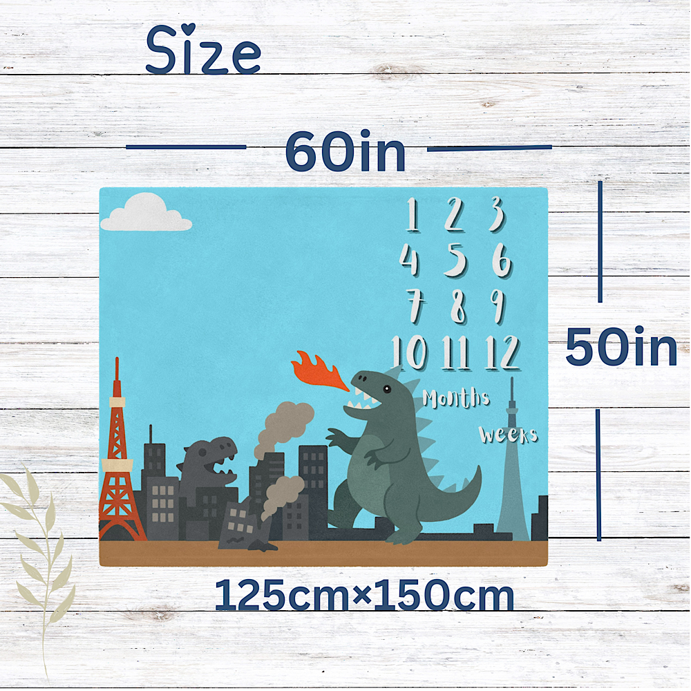 Baby growth chart with kaiju design and measurements on a blue background