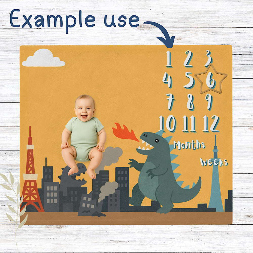 Personalised Baby milestone blanket banner with kaiju and cityscape design, featuring numbers 1 to 12.