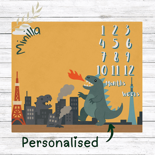 Personalised Baby Milestone Blanket Cute Kaiju Theme, Yellow (With Name) 50" × 60" White by IROHA-studio