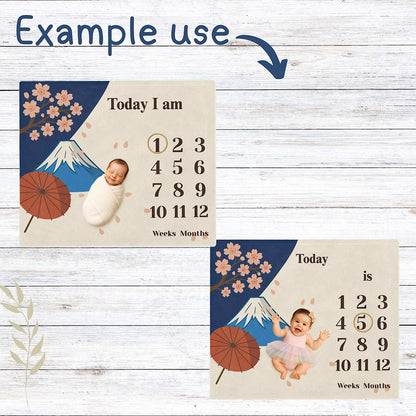 Personalised Baby Milestone Blanket - Mt. Fuji & Sakura Japan (With Name) by IROHA studio