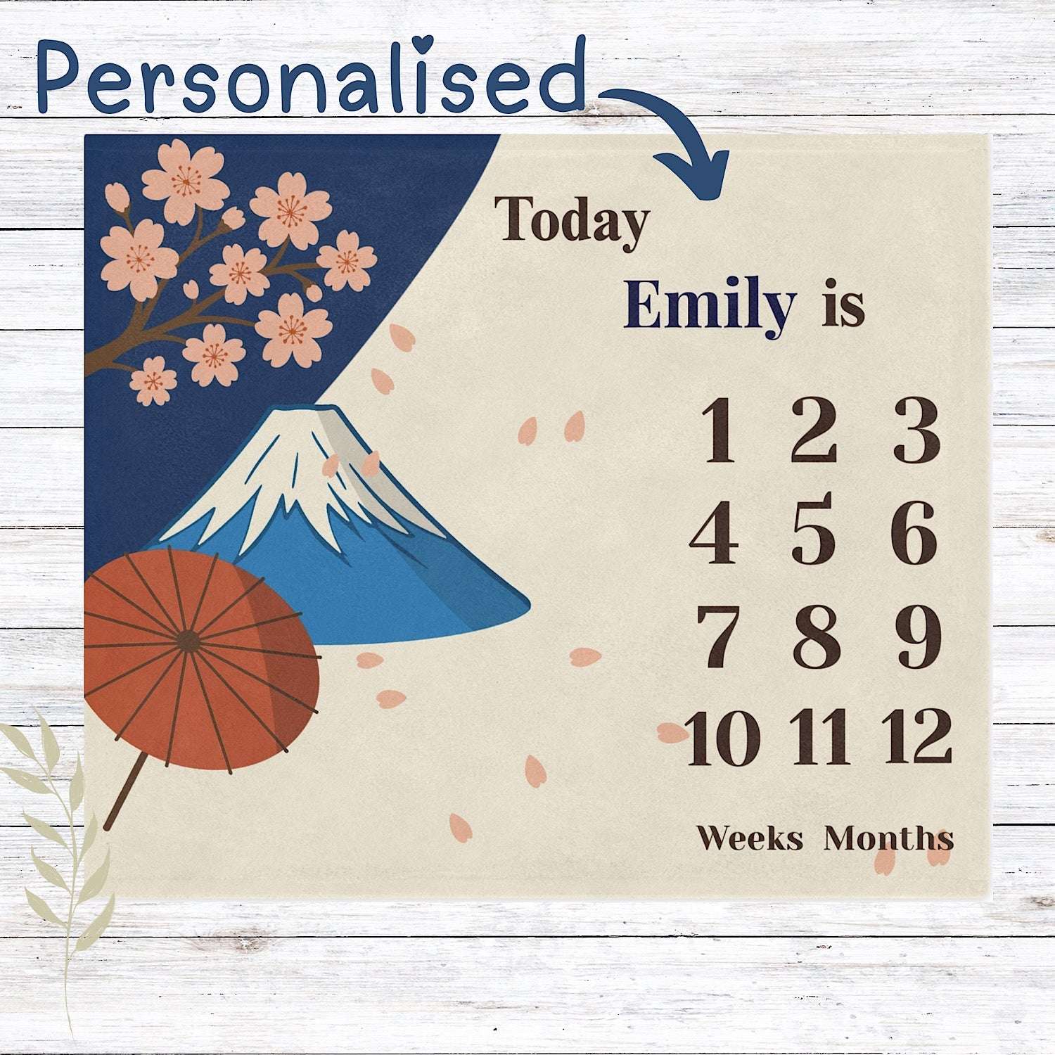 Personalised Baby Milestone Blanket - Mt. Fuji & Sakura Japan (With Name) by IROHA studio