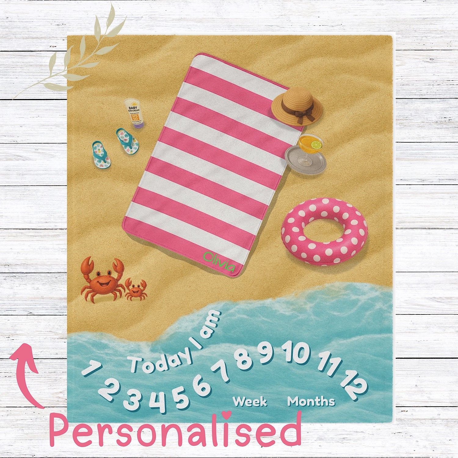 Photo of Personalised Baby Milestone Blanket - Pink Beach themed (With Name) from IROHA - STUDIO