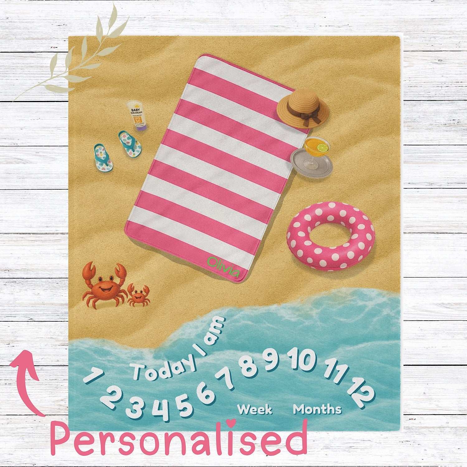 Personalised Baby Milestone Blanket - Pink Beach themed (With Name) by IROHA studio