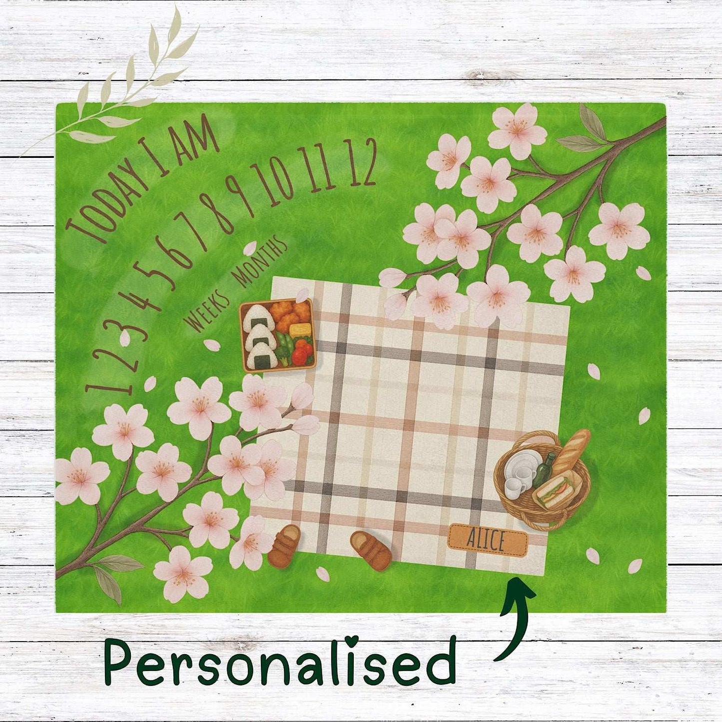 Personalised Baby Milestone Blanket - Sakura Picnic Theme (With Name) 50" × 60" White by IROHA studio