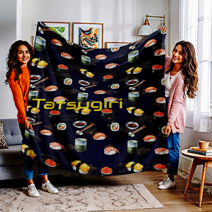 Two women holding a personalised throw blanket with sushi design in a living room.
