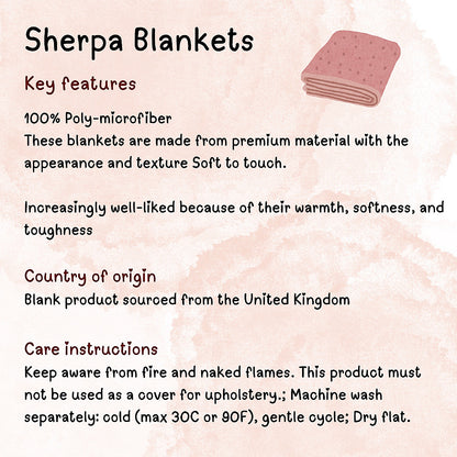 Product description of Sherpa throw blankets with text and a folded throw blanket illustration.