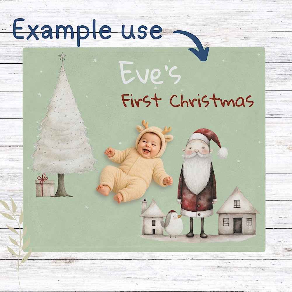 Personalised Baby’s First Christmas Blanket – Santa & Tree Photo Prop (Sage Green) by IROHA-studio