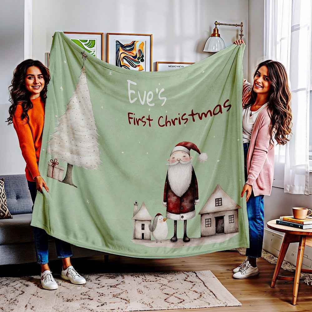 Personalised Baby’s First Christmas Blanket – Santa & Tree Photo Prop (Sage Green) 50" × 60" White by IROHA-studio