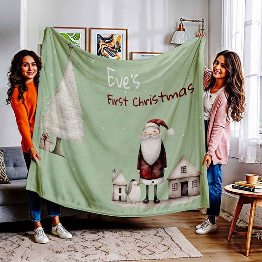 Personalised Baby’s First Christmas Blanket – Santa & Tree Photo Prop (Sage Green) 50" × 60" White by IROHA-studio