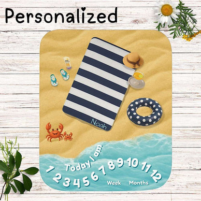 Personalized Baby Milestone Blanket - Blue Beach theme (With Name) by IROHA studio