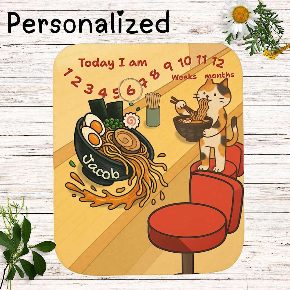 Personalized Baby Milestone Blanket - Cute Cat Ramen Design (With Name) by IROHA studio