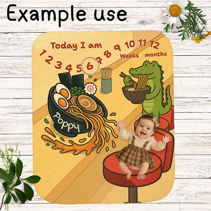 Personalized Baby Milestone Blanket - Cute Crocodile Ramen Design - (With Name) by IROHA studio