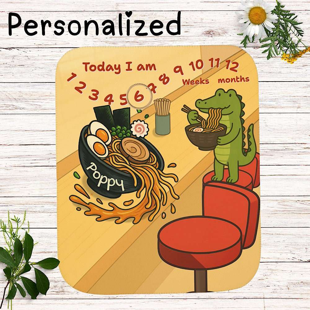 Personalized Baby Milestone Blanket - Cute Crocodile Ramen Design - (With Name) by IROHA studio