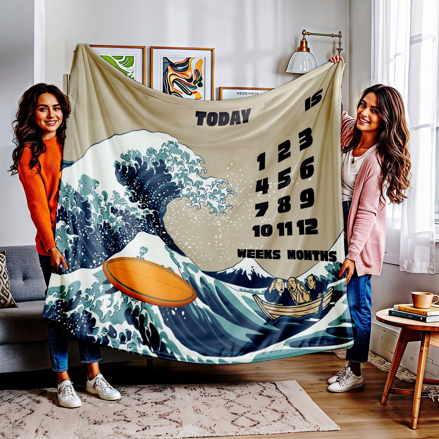 Photo of Personalized Baby Milestone Blanket - Great Wave Surfboard Theme (With Name) from IROHA - STUDIO