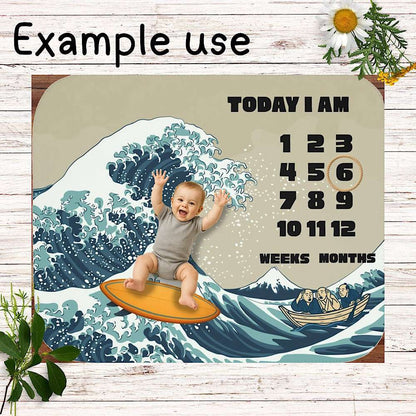 Personalized Baby Milestone Blanket - Great Wave Surfboard Theme (With Name) by IROHA studio