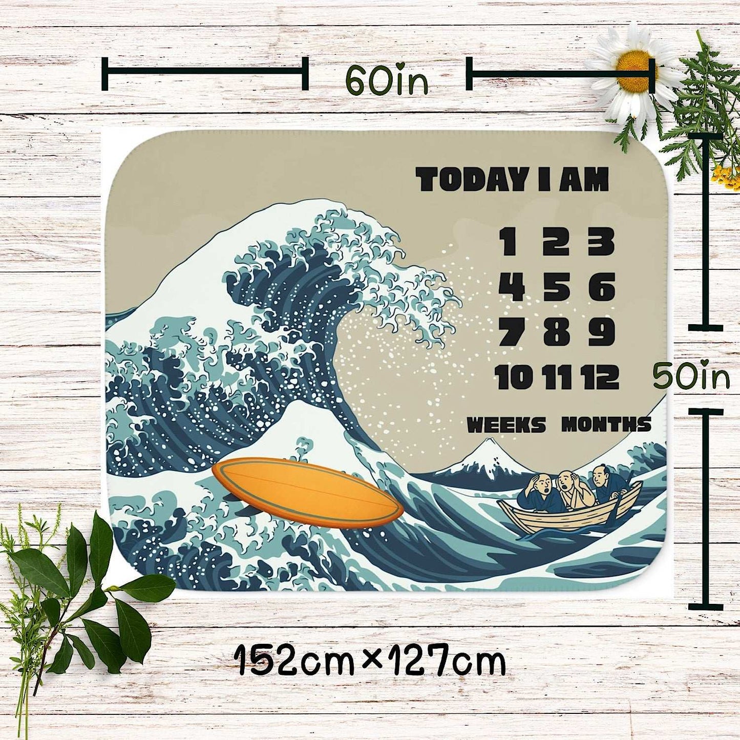 Personalized Baby Milestone Blanket - Great Wave Surfboard Theme (With Name) by IROHA studio