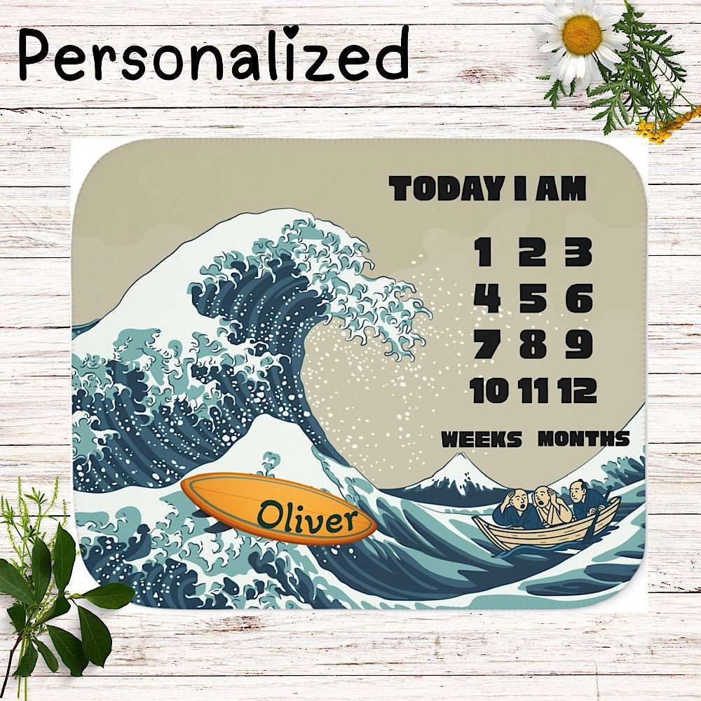 Personalized Baby Milestone Blanket - Great Wave Surfboard Theme (With Name) by IROHA studio