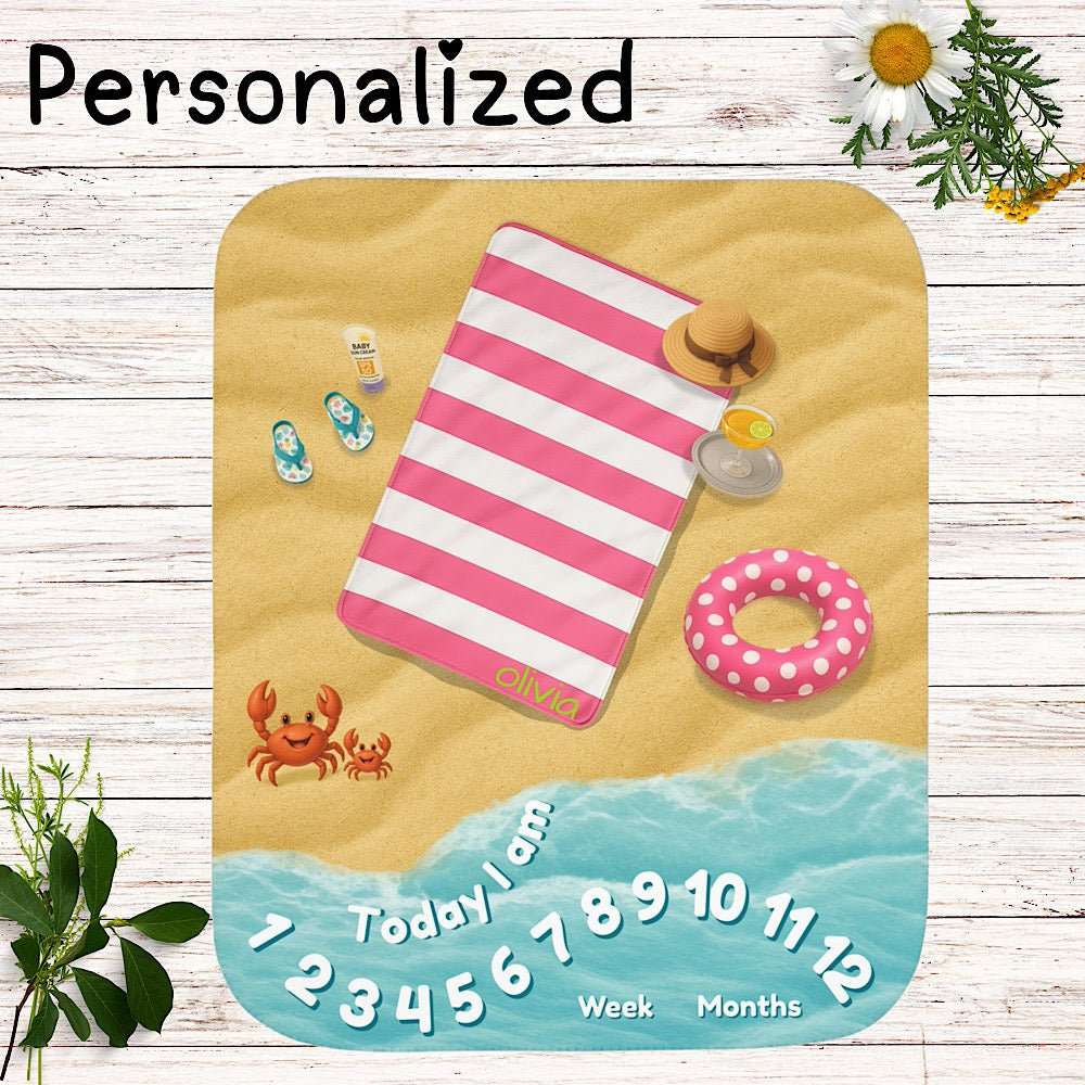 Personalized Baby Milestone Blanket - Pink Beach theme (With Name) by IROHA studio