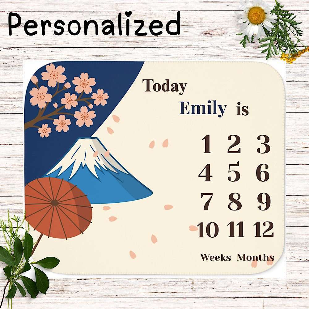 Personalized Baby Milestone Blanket - Sakura & Mount Fuji Japan (With Name) by IROHA studio