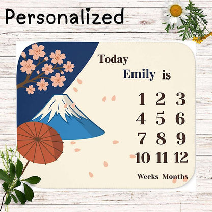 Personalized Baby Milestone Blanket - Sakura & Mount Fuji Japan (With Name) by IROHA studio