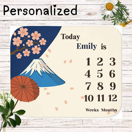 Personalized Baby Milestone Blanket - Sakura & Mount Fuji Japan (With Name) by IROHA studio