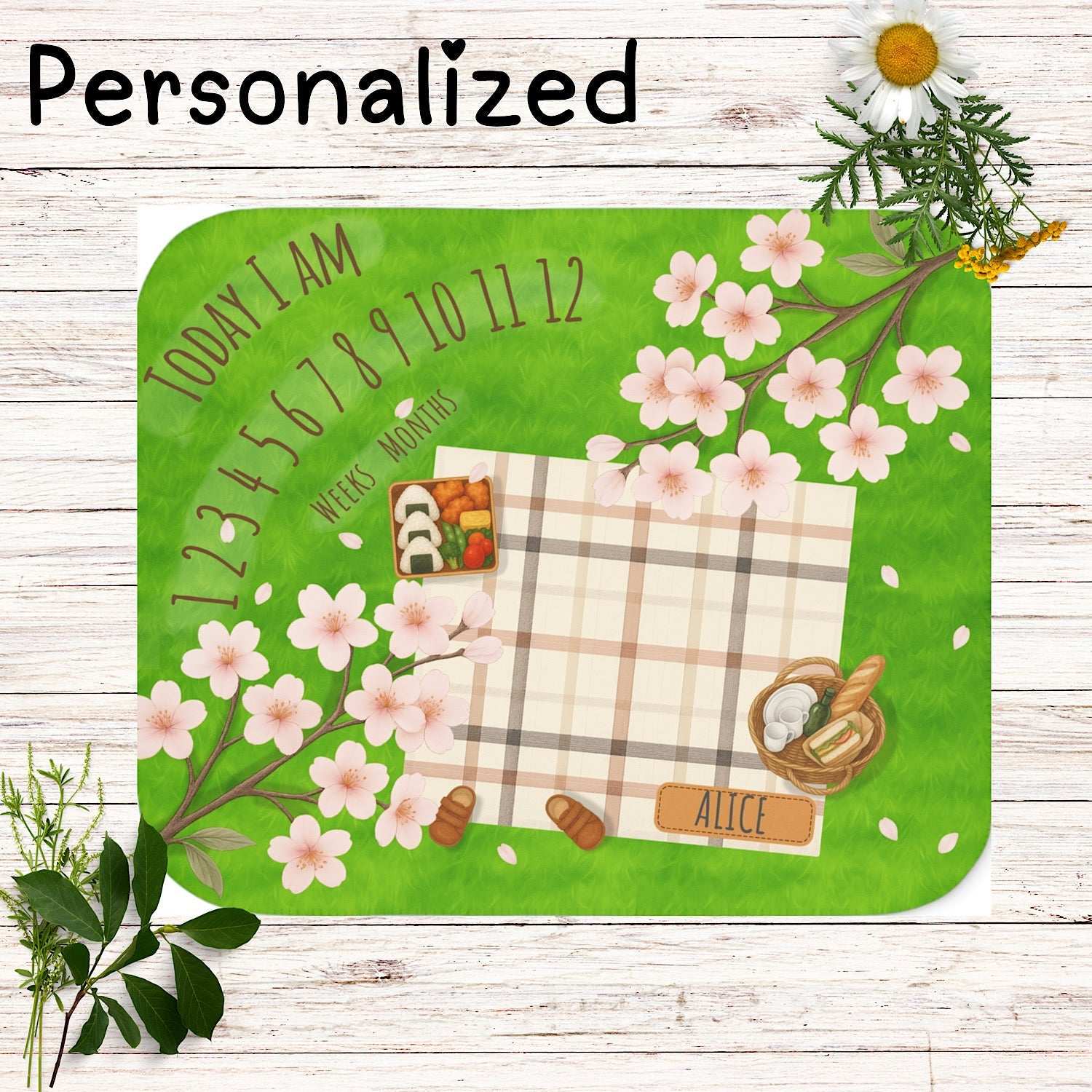 Personalized Baby Milestone Blanket - Sakura Picnic Theme (With Name) by IROHA-studio