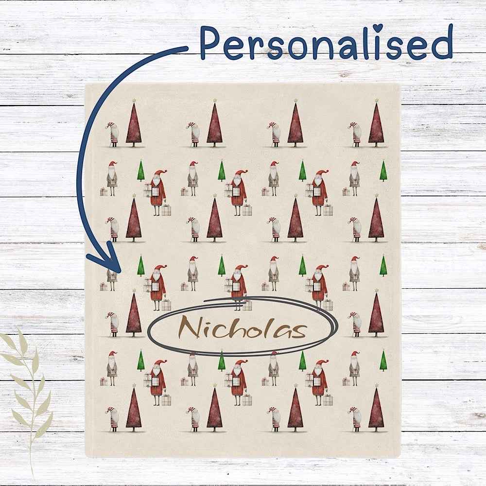 Personalised Christmas Throw Blanket (Ivory) – Festive Santa & Tree Pattern by IROHA-studio