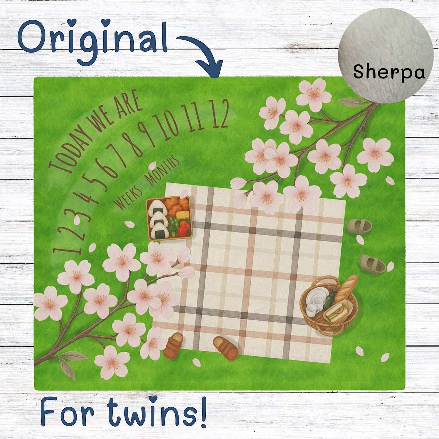 Twin Baby Milestone Blanket Sakura Picnic Theme-Original (No Name) 50" × 60" White by IROHA-studio
