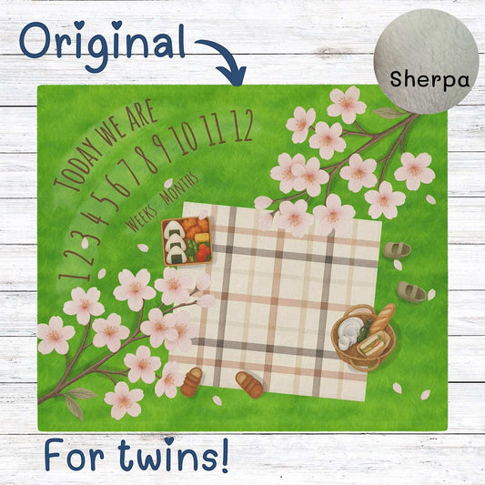 Twin Baby Milestone Blanket Sakura Picnic Theme-Original (No Name) 50" × 60" White by IROHA-studio