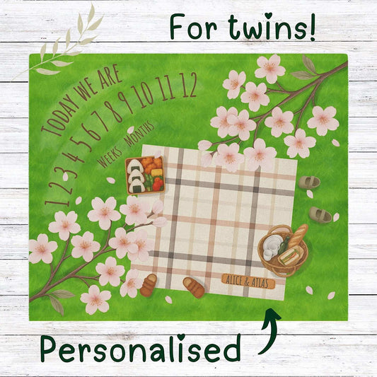 Twin Personalised Baby Milestone Blanket Sakura Picnic Theme (With Name) by IROHA studio