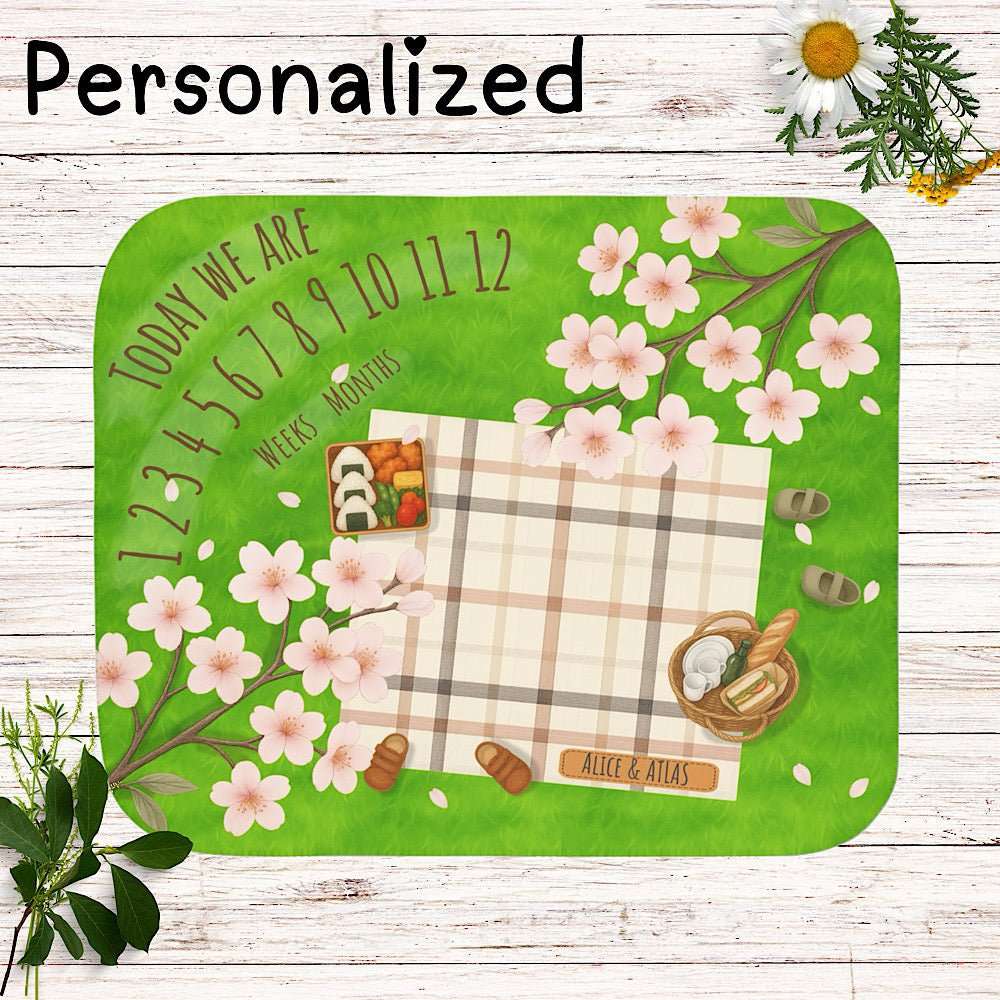 Twin Personalized Baby Milestone Blanket - Sakura Picnic Theme (With Name) by IROHA studio