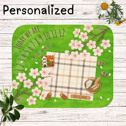 Twin Personalized Baby Milestone Blanket - Sakura Picnic Theme (With Name) by IROHA studio